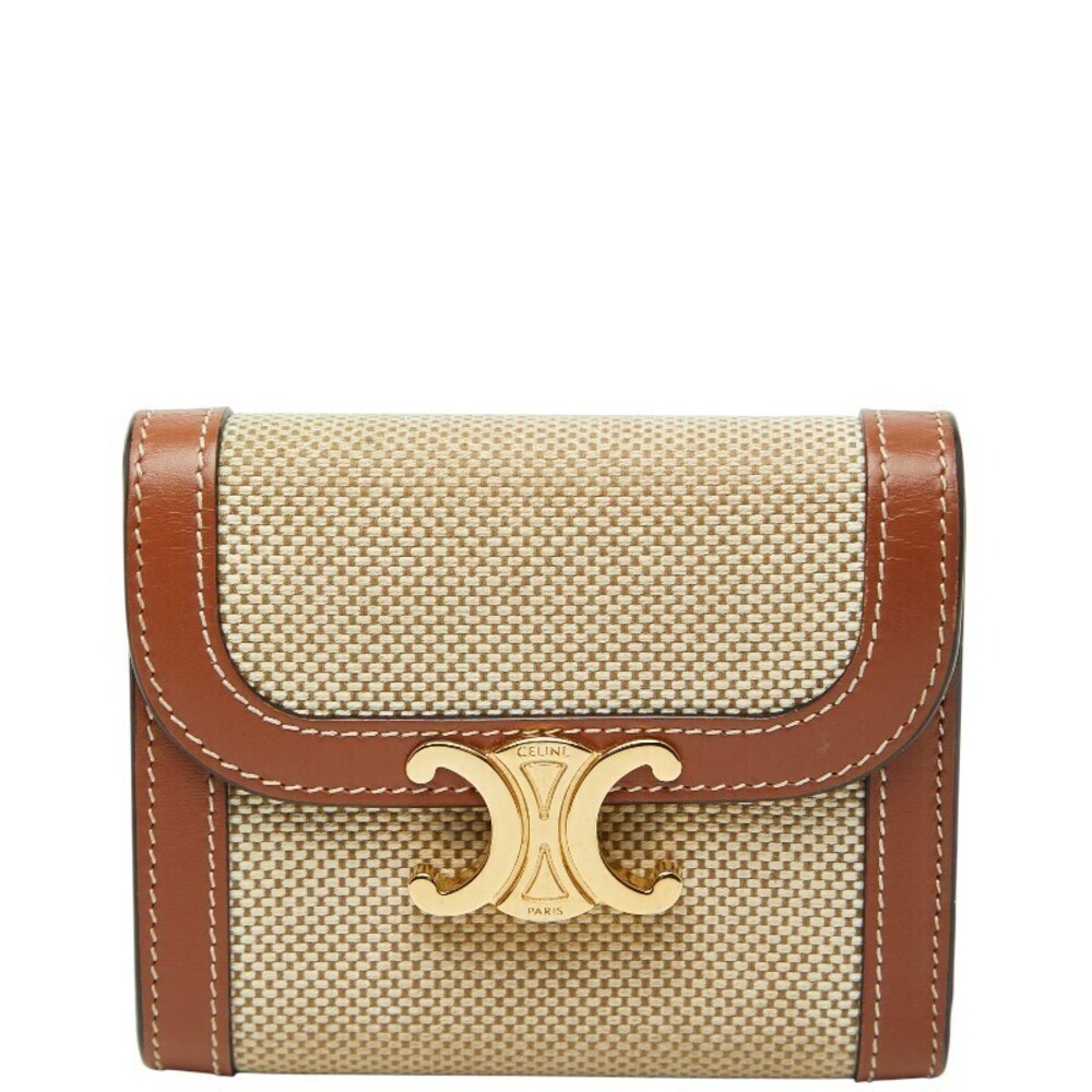 Celine Triomphe Flap Wallet Bi fold Beige Cream Brown Canvas Leather